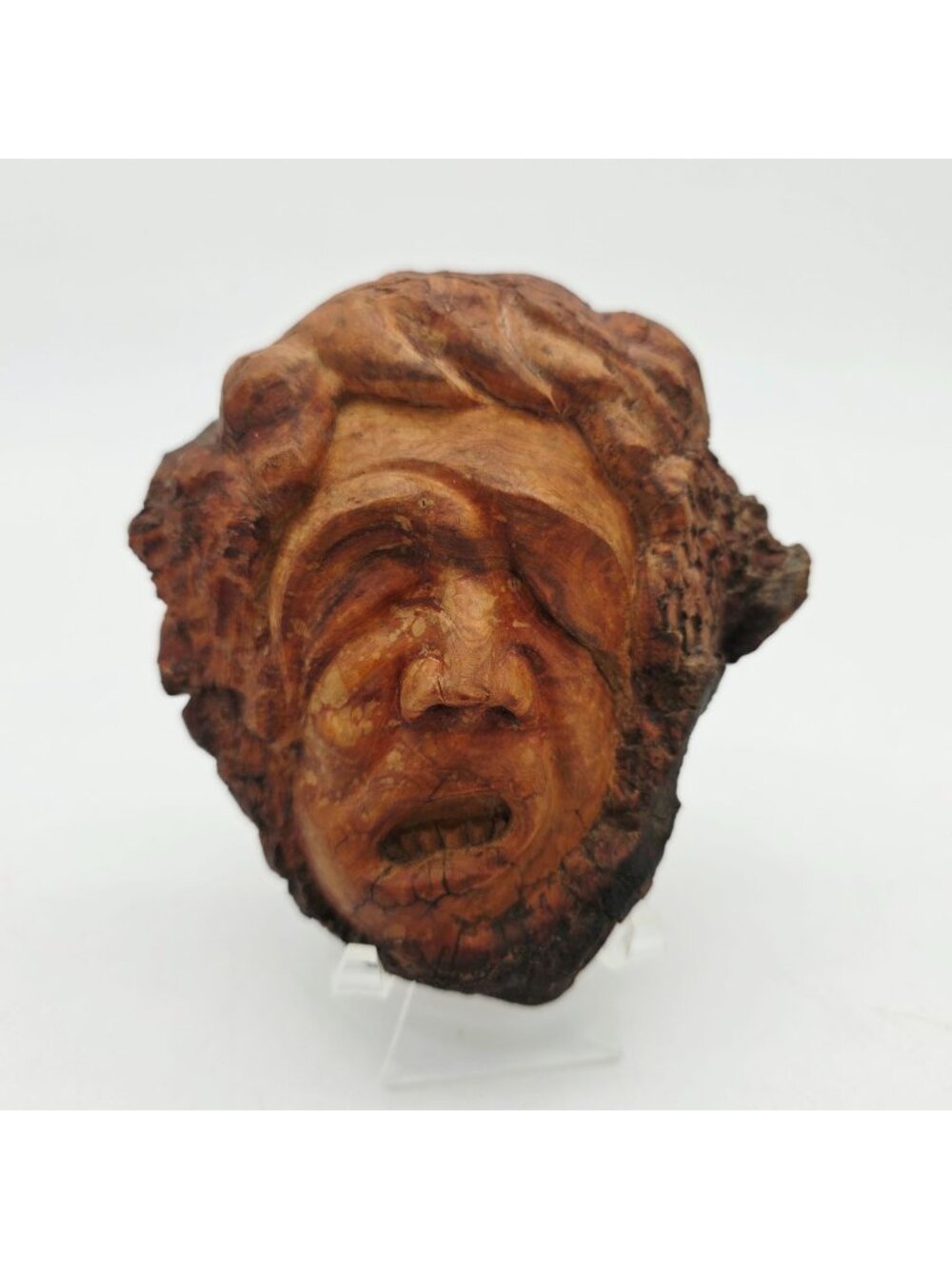 Hand-Carved Wooden Melting Face Sculpture Signed 1989 Rustic Art Wall Decor